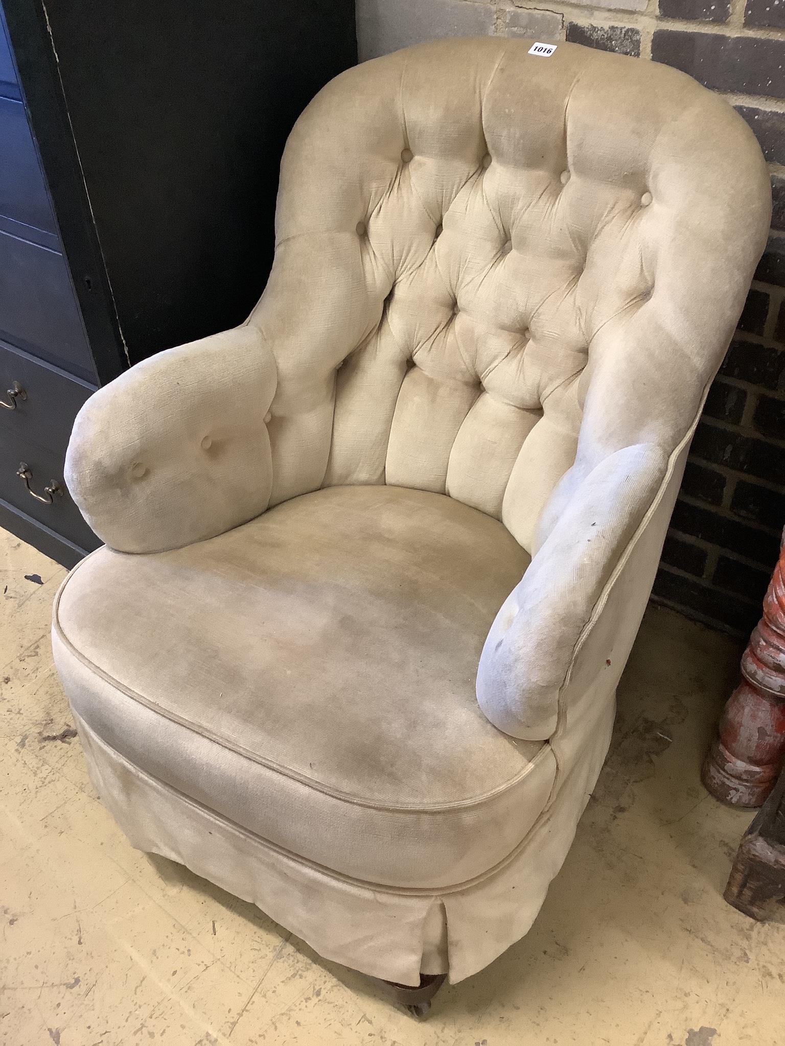 A Victorian upholstered spoon back rocking chair by Schoolbred & Son, width 68cm, depth 76cm, height 88cm